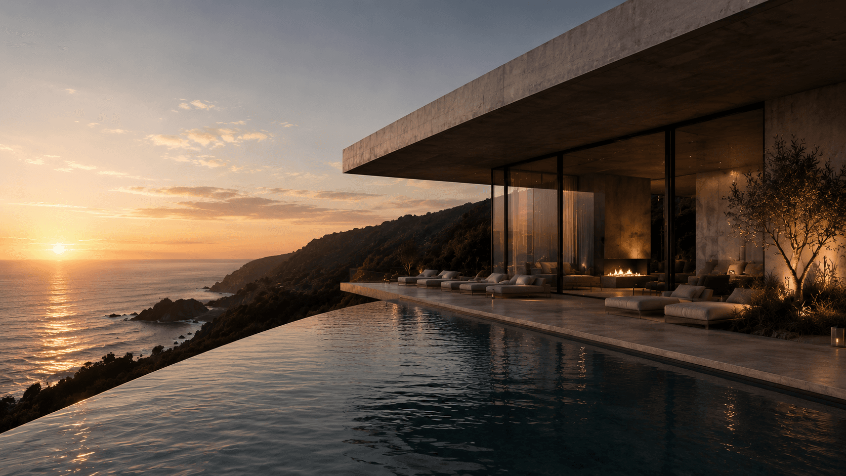 An infinity pool terrace and glass living room at golden hour
